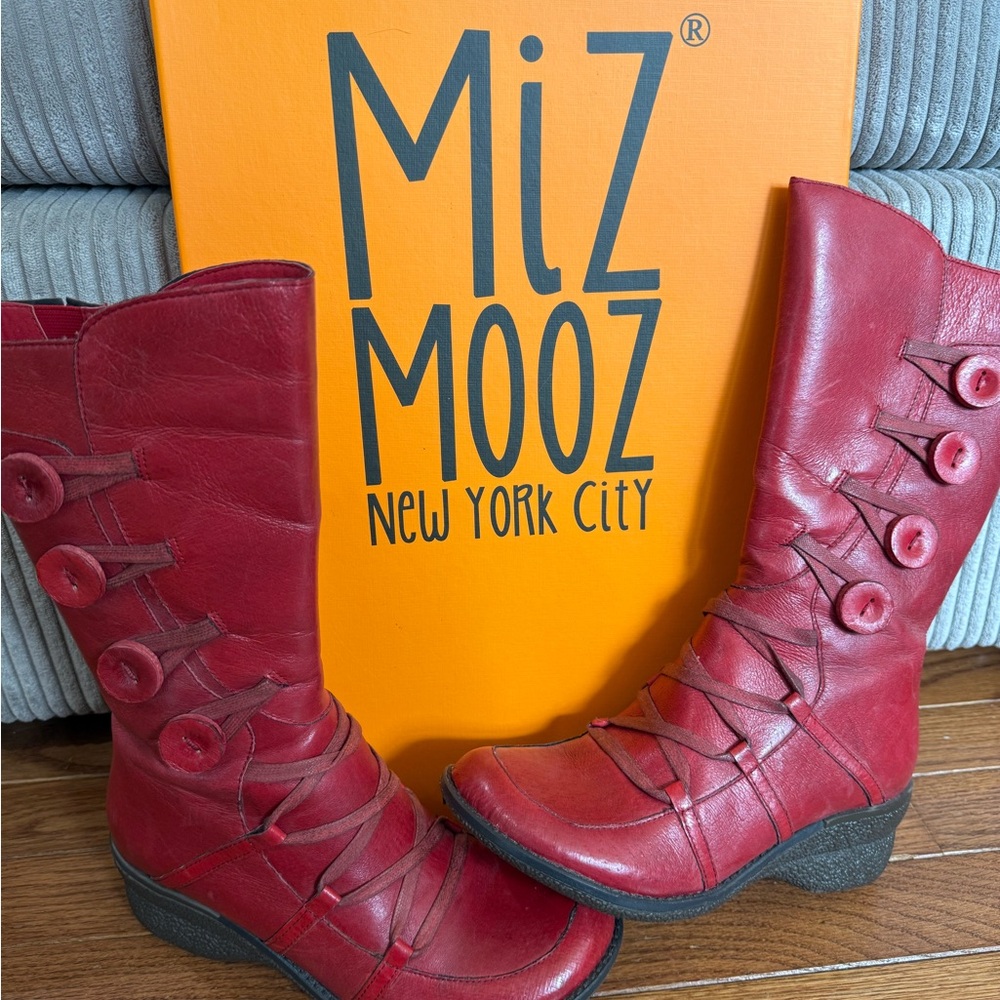 Miz Mooz Olsen Red Leather Mid-Calf Button Detail Boots - Picture 2 of 6